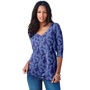 Roaman's Women's Plus Size Ultimate Long Sleeve V Neck Tee - 1 of 4