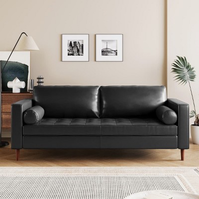 Vintage PU Leather Sofa with Tufted Seat, Solid Wood Legs and Bolster Pillows for Living Room or Home Office-Maison Boucle