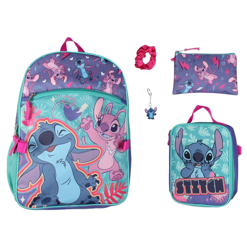Disney Lilo and Stitch Angel 5 Pc Set Backpack Lunch Box Key Chain Pencil Case Multicoloured, 1 of 7