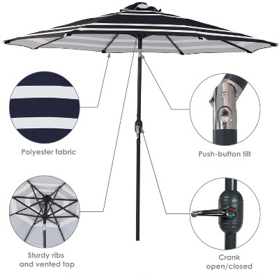 Navy Blue Striped Aluminum Market Umbrella with Solar LED Lights