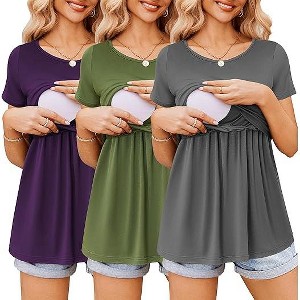 Ekouaer Womens Nursing Tops 3 Packs Short Sleeve Breastfeeding Shirts Double Layer Postpartum Shirt Nursing Shirts - 1 of 4