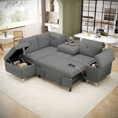 88.2"W L-Shaped Sectional Sofa Couch Upholstered Sofa Bed with Ample Storage Space, Two Cup Holders and Two USB Ports for Living Room - ModernLuxe