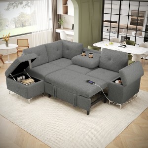 88.2"W L-Shaped Sectional Sofa Couch Upholstered Sofa Bed with Ample Storage Space, Two Cup Holders and Two USB Ports for Living Room - ModernLuxe - 1 of 4