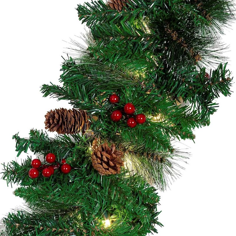 9Ft Pre-lit Artificial Christmas Garland,  Artificial Green with 50 Lights Silver Bristle Pine Cones Red Berries for Indoor Outdoor Decorations, 2 of 7