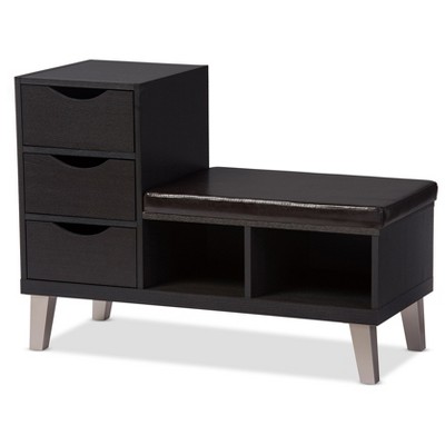 Arielle Modern and Contemporary Wood 3 - Drawer Shoe entryway benches with Two Open Shelves - Dark Brown - Baxton Studio