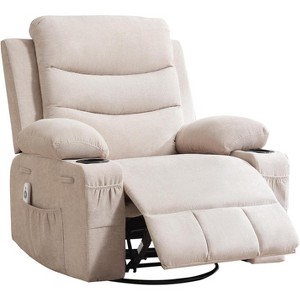 360 Swivel Rocker Chair Small Rocking Recliner, Upholstered Fabric Glider Nursery Chair with Side Pockets with Cup Holder, Massage and Heat Recliner - 1 of 4
