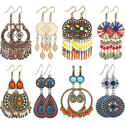 8 Pairs Boho Drop Earrings - Vintage Indian Dangle Set for Women