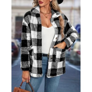 Womens Jackets Plaid Flannel Lapel Collar Button Front Coat with Pockets - 1 of 4