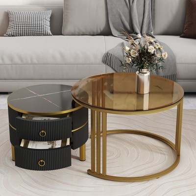 Whisen Round Nesting Tempered Glass MDF Table Top Coffee Tables with 2 Drawers