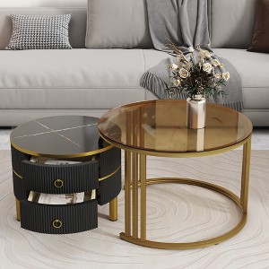 Whisen Round Nesting Tempered Glass MDF Table Top Coffee Tables with 2 Drawers - 1 of 4