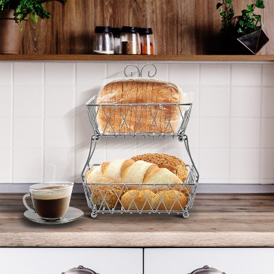 Silver 2-Tier Rectangular Metal Fruit Basket Stand
