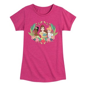 Girls' - Disney Princess - Tiana Belle and Cinderella with Florals Fitted Short Sleeve Graphic T-Shirt - 1 of 4