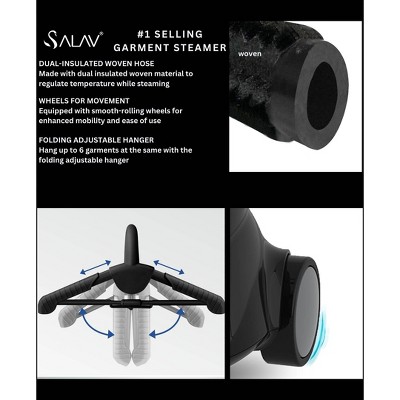 SALAV Smart Automatic Shut-Off Performance Garment Steamer with Wheels and Descaler Maintenance Packet Black
