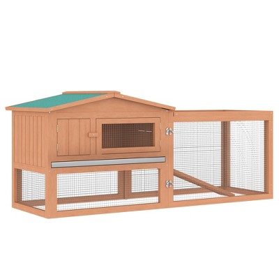 Gsluuk PawHut Rabbit Hutch 2-Story Bunny Cage Small Animal House with Slide Out Tray, Detachable Run, for Indoor Outdoor, 61.5" x 23" x 27", Natural