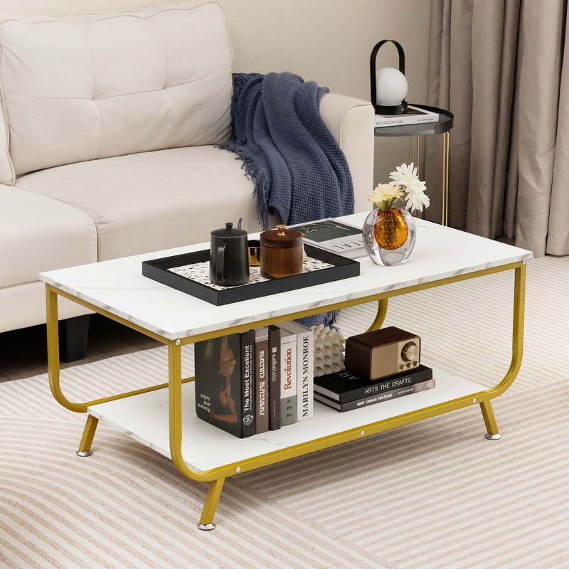 Costway Coffee Table 2-Tier Modern Marble Coffee Table with Storage Shelf for Living Room, 2 of 9