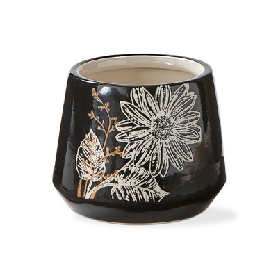tagltd Let It Bee Flower Print Planter Small Glazed Black Stoneware, 4.7L x 4.7W x 3.9H inches, Holds Up to 2 inch Drop in Pot