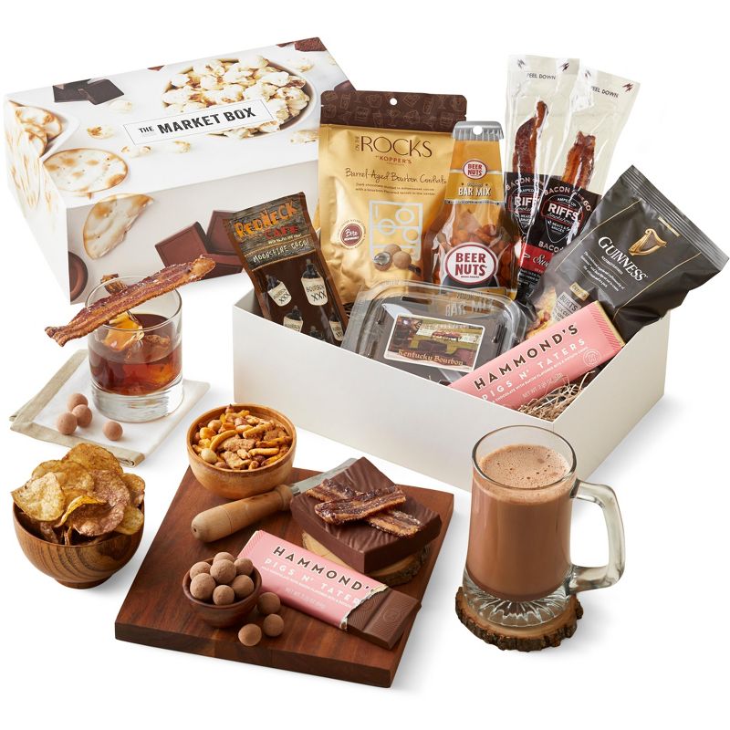 GreatFoods Bacon Bourbon Beer Market Box with Guinness Chips, Beer Nuts and Bacon snacks & More, 1 of 5