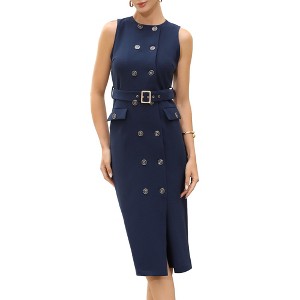INSPIRE CHIC Women's Double Breasted Sleeveless Business Crew Formal Belted Pencil Dress - 1 of 4