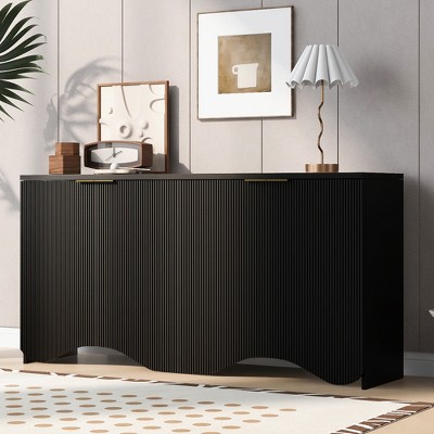 63.2"W Vertical Stripes and Wavy Design of 4-Door Sideboard Buffet Servers, Storage Cabinet 4S - ModernLuxe