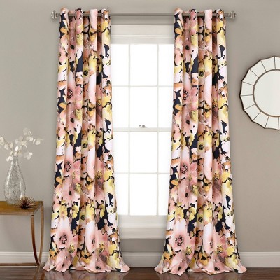 Set of 2 84"x52" Floral Watercolor Light Filtering Window Curtain Panels Navy - Lush Décor