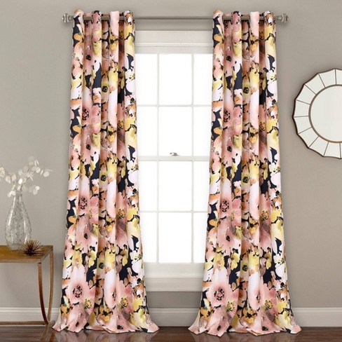 Set of 2 (84x52) Floral Watercolor Light Filtering Window Curtain Panels  Navy - Lush Décor