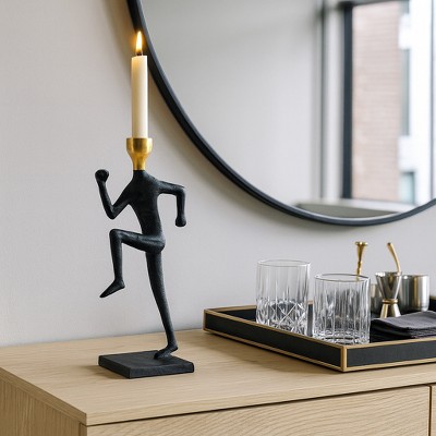 Modern Metal Taper Candle Holder - Decorative Running Man Design - Aluminum & Wood - Contemporary Home & Office Accent Decor - 15" Gold