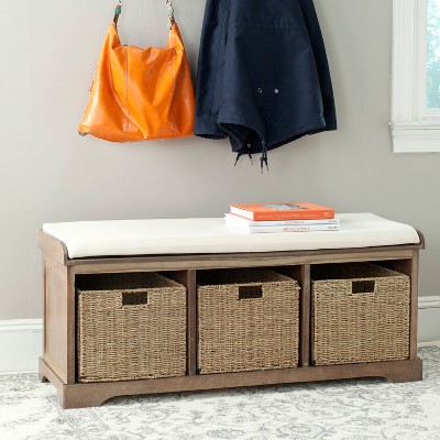 Transitional Brown and White Pine Storage Bench with Cushion