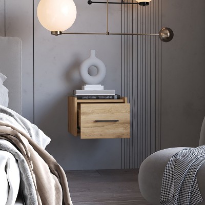 Kumasinova Floating Wooden Nightstand with Top Shelf,Wall-Mounted Night Stand with Drawers,Space Saving Bedside Table for Bedroom