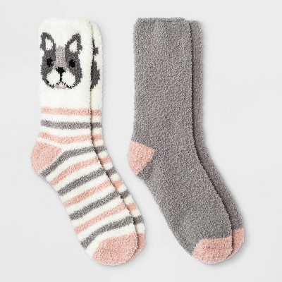 Women's French Bulldog 2pk Cozy Crew Socks - Ivory/Gray 4-10