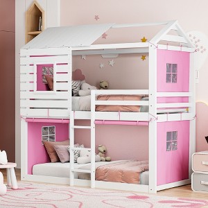 NicBex Twin Size/Full Size Bunk Bed with Built-in Ladder,House-Shaped Loft Bed with Fence for Bedroom,Pink/Blue - 1 of 4