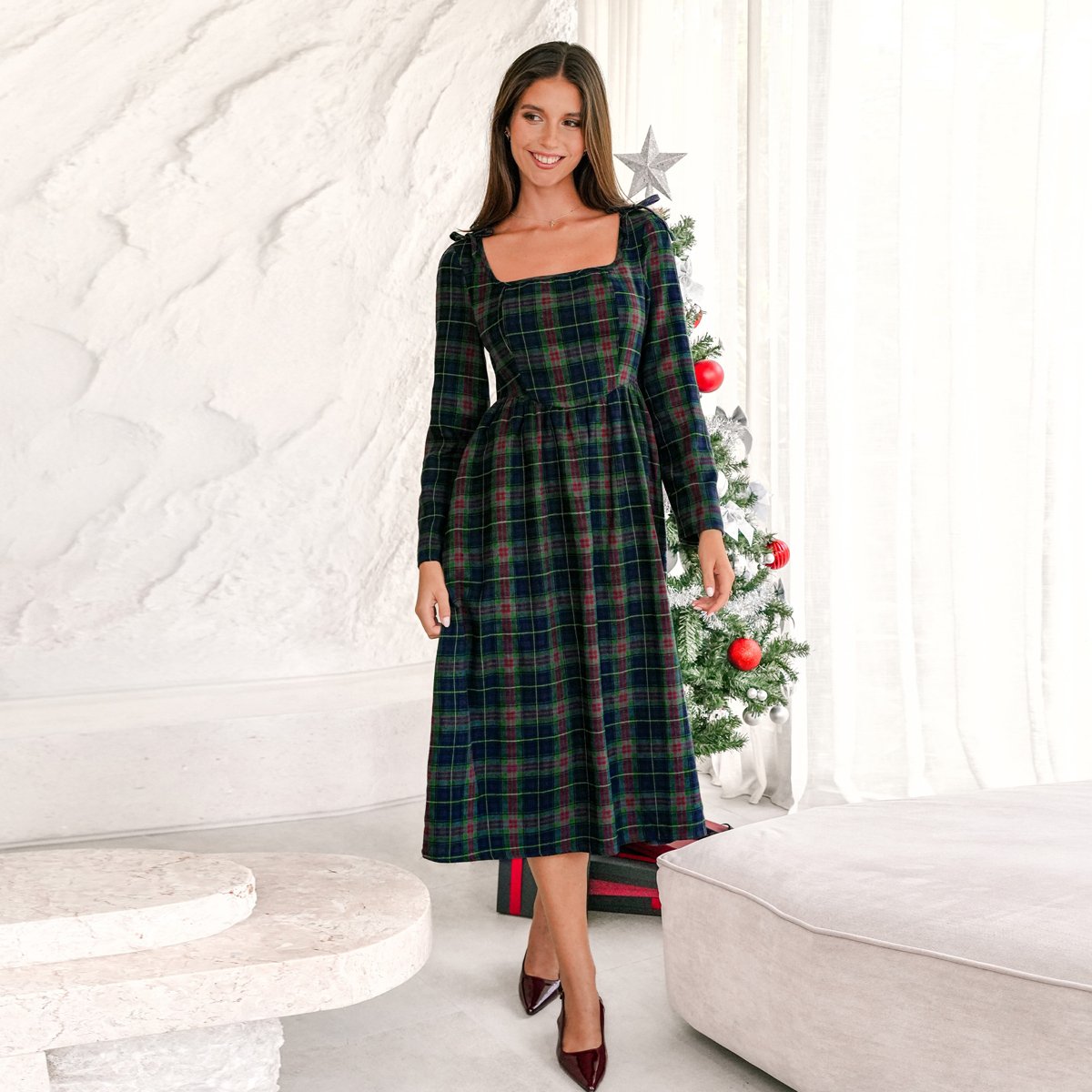 Женские платья Cupshe Women's Elegant Tartan Plaid Midi Dress with Puff Sleeves-L-Green — фото 3