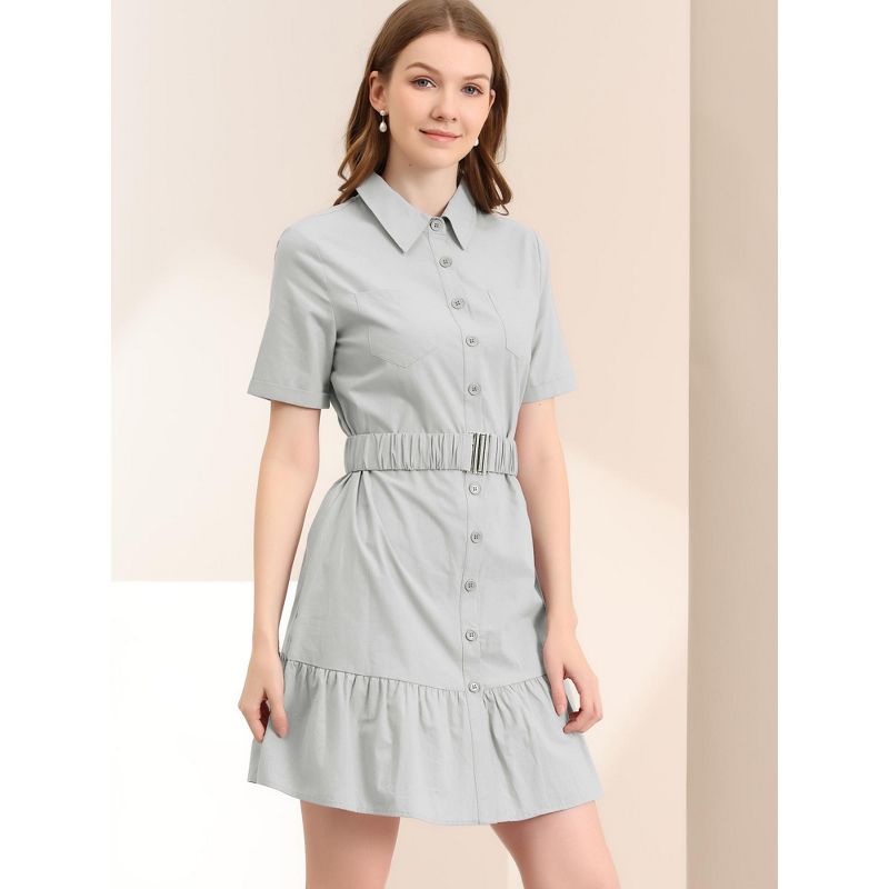 Allegra K Women's Belted Ruffled Hem Button-Down Cotton Safari Shirt Dress, 2 of 6