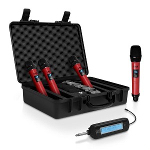 Pyle Universal UHF Wireless Microphone System - 4 Channel, Handheld Microphones, 500-938 MHz Frequency Range, Includes Receiver and Accessories (Red) - 1 of 4