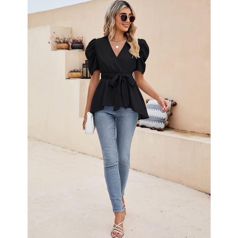 Peplum Tops for Women Dressy Sexy Deep V Neck Belted Tie Blouses Empire Waist Wrap Blouse Short Puff Sleeve, 3 of 8