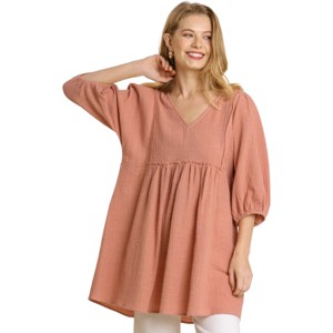 Slickblue Print Blocked Ruched Front Deep V Dress for Women, Stretch Fit, Soft Clay/Seaweed, Size S-L - 1 of 4