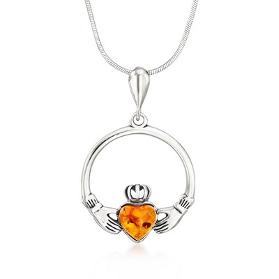 Ross-Simons Amber Claddagh Pendant Necklace in Sterling Silver