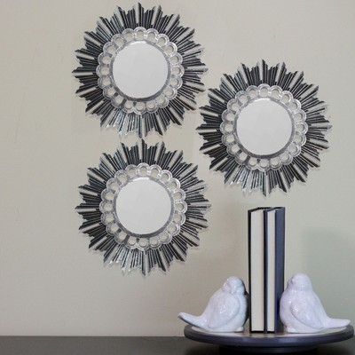 Set of 3 Black Sunburst Floral Mini Mirrors