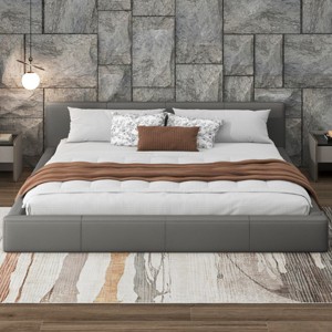 Upholstered Platform Bed Frame with Faux Leather, Low Profile King Bed with Slats, Modern Gray Bed for Bedroom or Guest Room-The Pop Home - 1 of 4