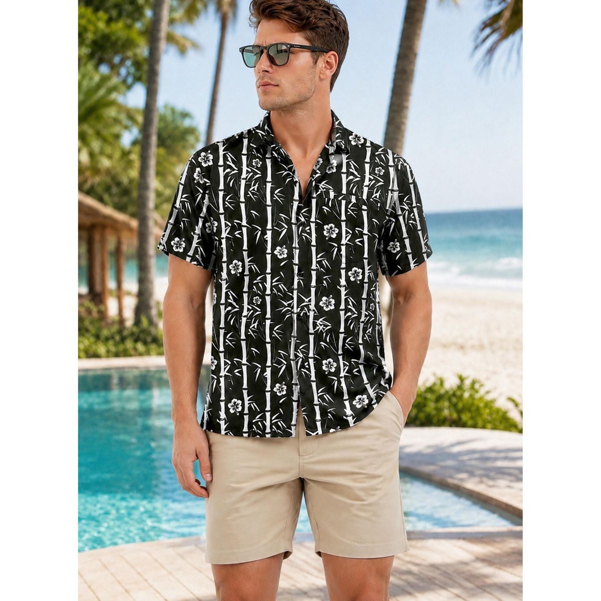 LA LEELA Men's Hawaiian Shirt Vacation Funny Party 3X-Large Black Leaves - thumbnail 4