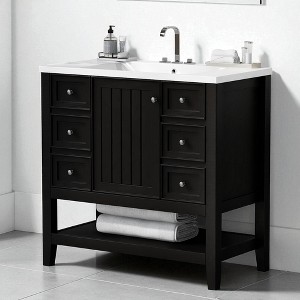 36" Bathroom Vanity with Sink – Freestanding Single Sink Cabinet with 3 Drawers, Door Storage & Ceramic Top, Solid Wood & MDF Construction - 1 of 4