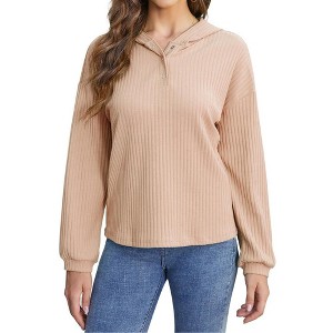 MISSKY Women's Fall Casual Long Sleeve Button Blouses Ribbed Knit Fashion Collared Oversized Loose Fit Tunic Tops - 1 of 4