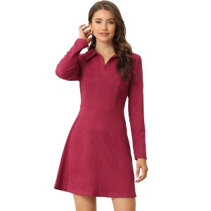 INSPIRE CHIC Women's Regular Fit Faux Suede Lapel Neck Long Sleeve Elegant A-Line Mini Dress - 1 of 4