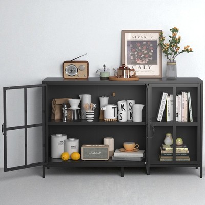 Heavy Duty Metal Sideboard Buffet Cabinet with Tempered Glass Doors, Adjustable Feet, Steel Storage Cabinet for Kitchen, Dining Room, or Living Room