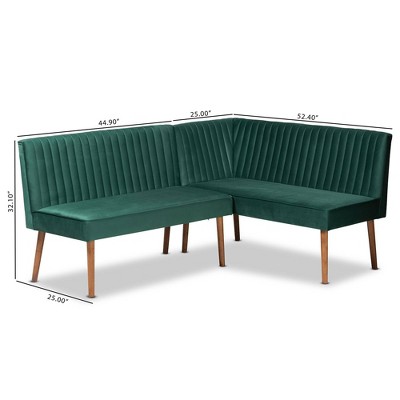 Emerald Green Velvet and Walnut Wood 2-Piece Dining Nook Set