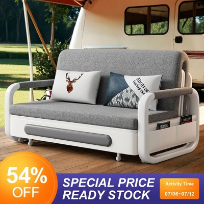 Luck Live Modern Patio Sofas 62.2in extendable pull Outdoor Sofa bed,Solid wood & White metal frame/Gray cushion with storage function