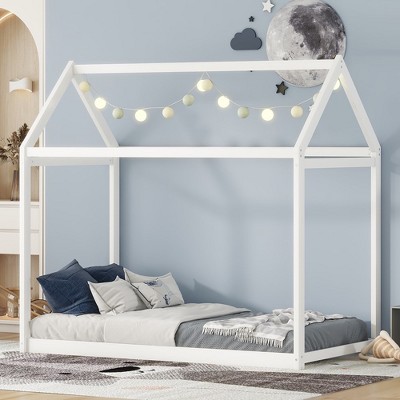 House Bed Frame With Roof, Twin Size Wooden House Bed Floor Beds, Fun Playhouse Bed Frames, For Kids Girls & Boys