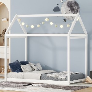 House Bed Frame With Roof, Twin Size Wooden House Bed Floor Beds, Fun Playhouse Bed Frames, For Kids Girls & Boys - 1 of 4