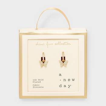 14k Gold Plated Brass Cubic Zirconia Pave Butterfly with Pave Huggie Hoop Earrings - A New Day™ Gold