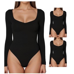 INSPIRE CHIC Women's Bodysuit Long Sleeve Regular Fit V Neck Tummy Control Brief Shapewear 3 Packs - 1 of 4