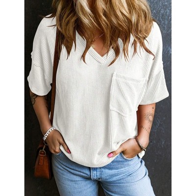 Womens V Neck Tops Short Sleeve Casual Front Pocket Tunic Blouse Top